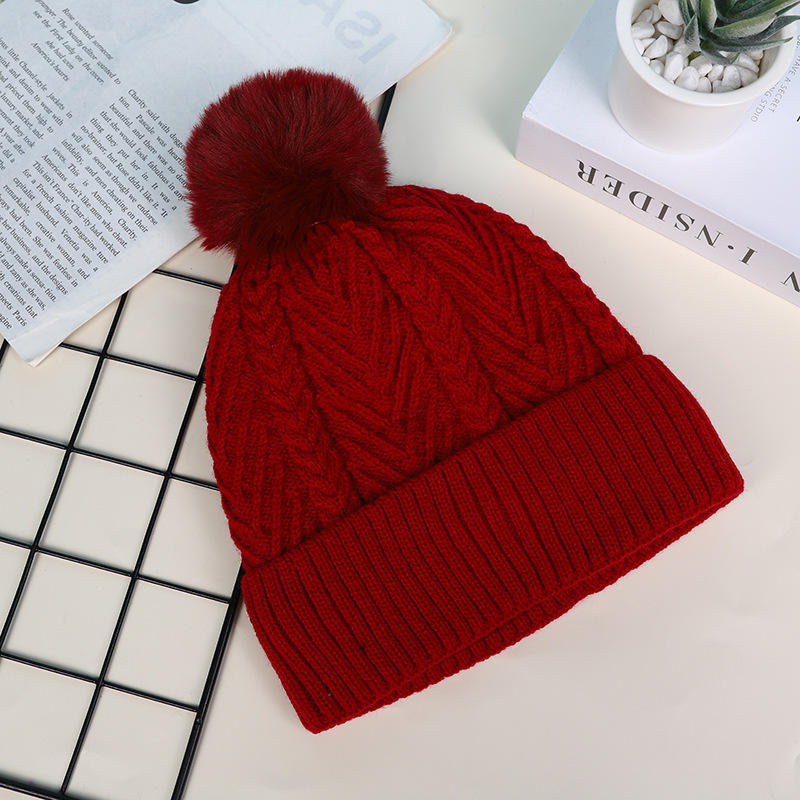Women’s Cable Knit Cuffed Beanie with Faux Fur Pom Pom for Winter