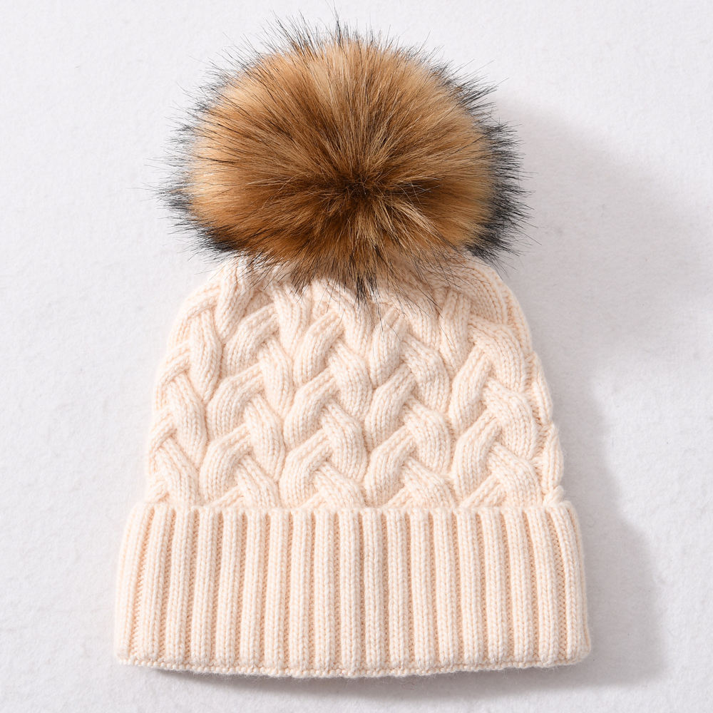 Winter Faux Fur Pom Cable Knit Beanie – Warm Chunky Cuffed Hat