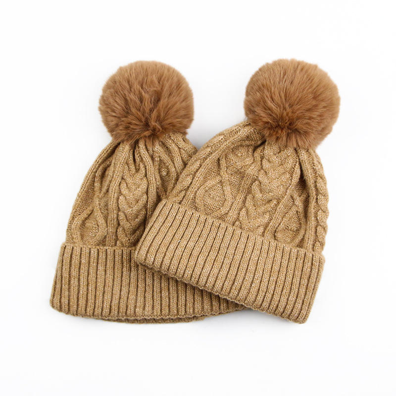 Warm Cable Knit Beanie with Faux Fur Pom Pom and Folded Cuff