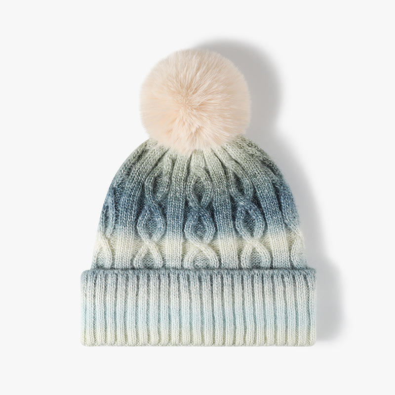 Rainbow Gradient Cable Knit Beanie with Faux Fur Pom Pom