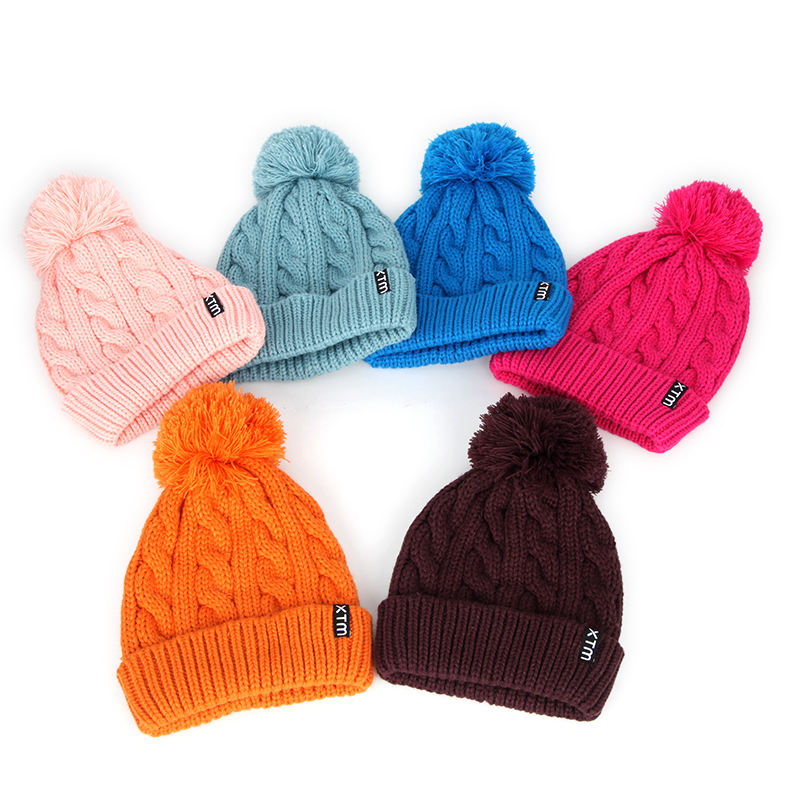 Thick Cable Knit Cuffed Beanie with Faux Fur Pom Pom for Winter