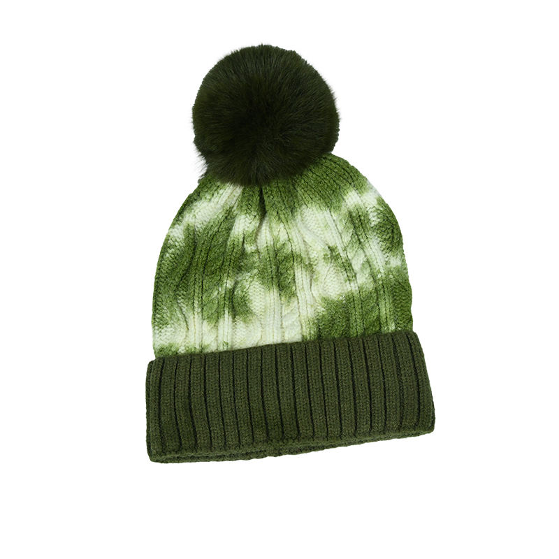 Winter Warm Cable Knit Pom Pom Beanie with Folded Cuff and Faux Fur Ball