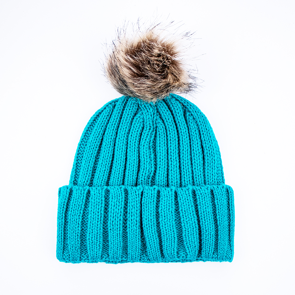 Blue Ribbed Knit Beanie with Faux Fur Pom and Embroidered Patch