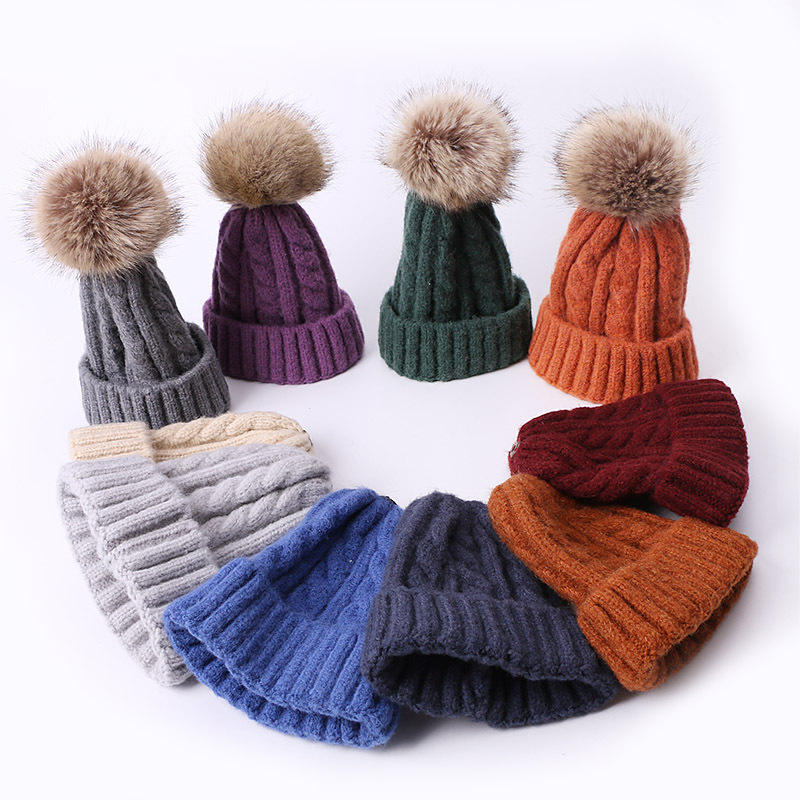Winter Cable Knit Pom Pom Beanie – Soft Cuffed Hat with Faux Fur Ball