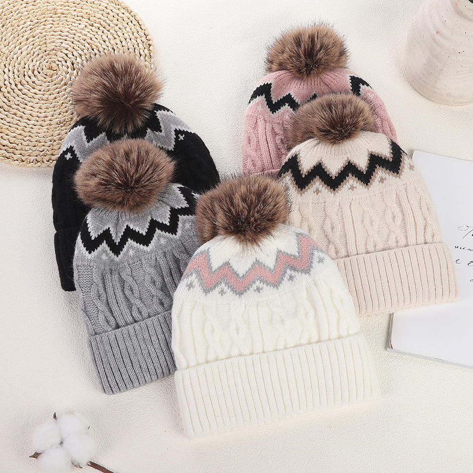 Winter Cable Knit Cuffed Beanie with Faux Fur Pom Pom for Women and Men