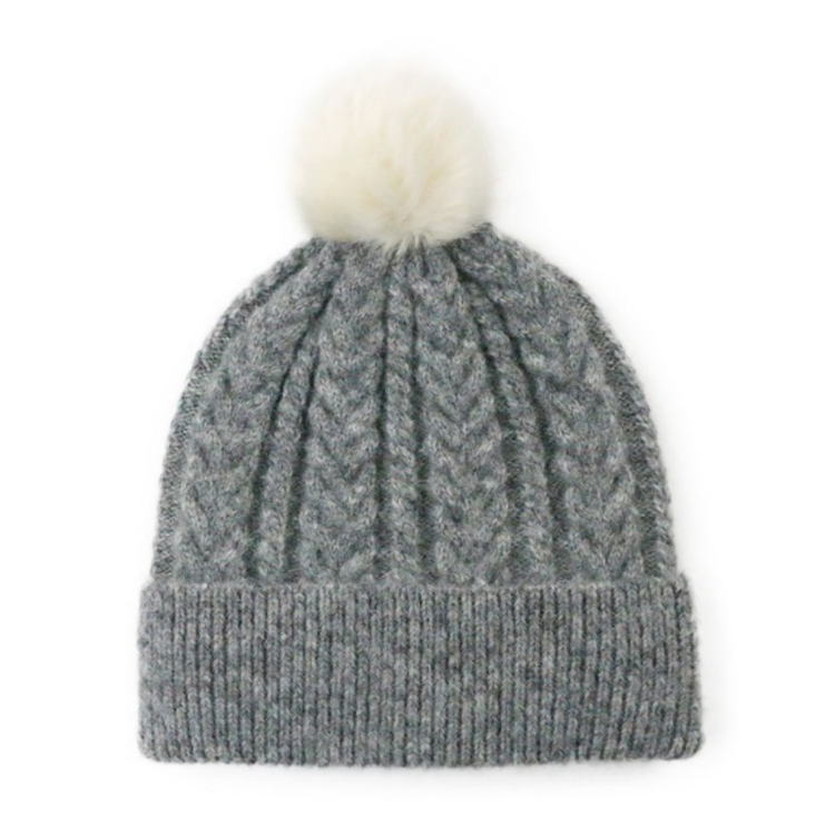 Winter Cable Knit Beanie with Faux Fur Pom Pom for Women