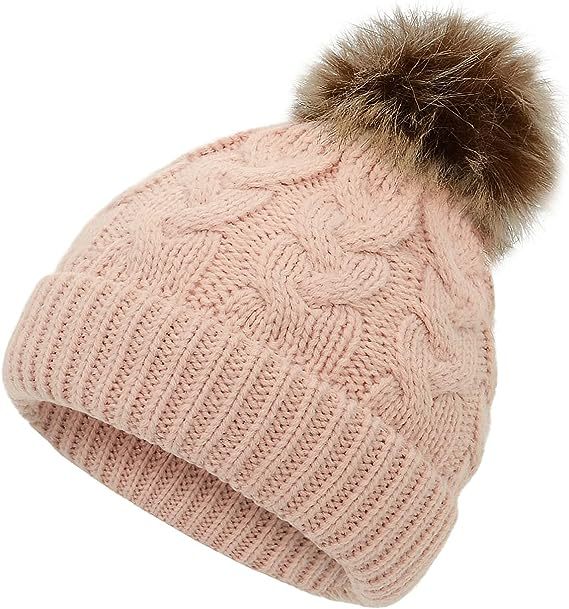 Winter Cable Knit Pom Pom Beanie Hat for Women Warm Soft Stretch Skull Cap