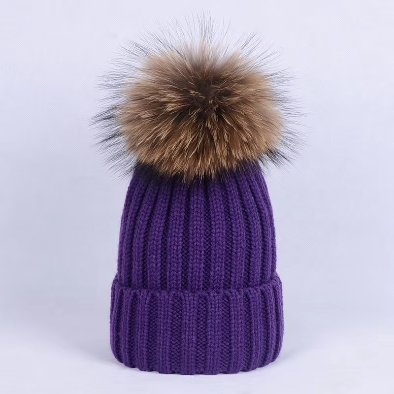 Winter Ribbed Knit Beanie with Faux Fur Pom Pom – Cuffed Warm Hat for Cold Weather
