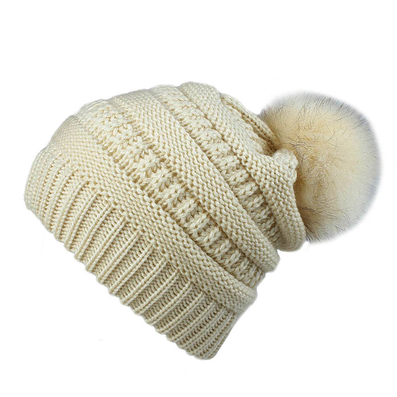 Winter Cable Knit Faux Fur Pom Pom Cuffed Beanie Hat