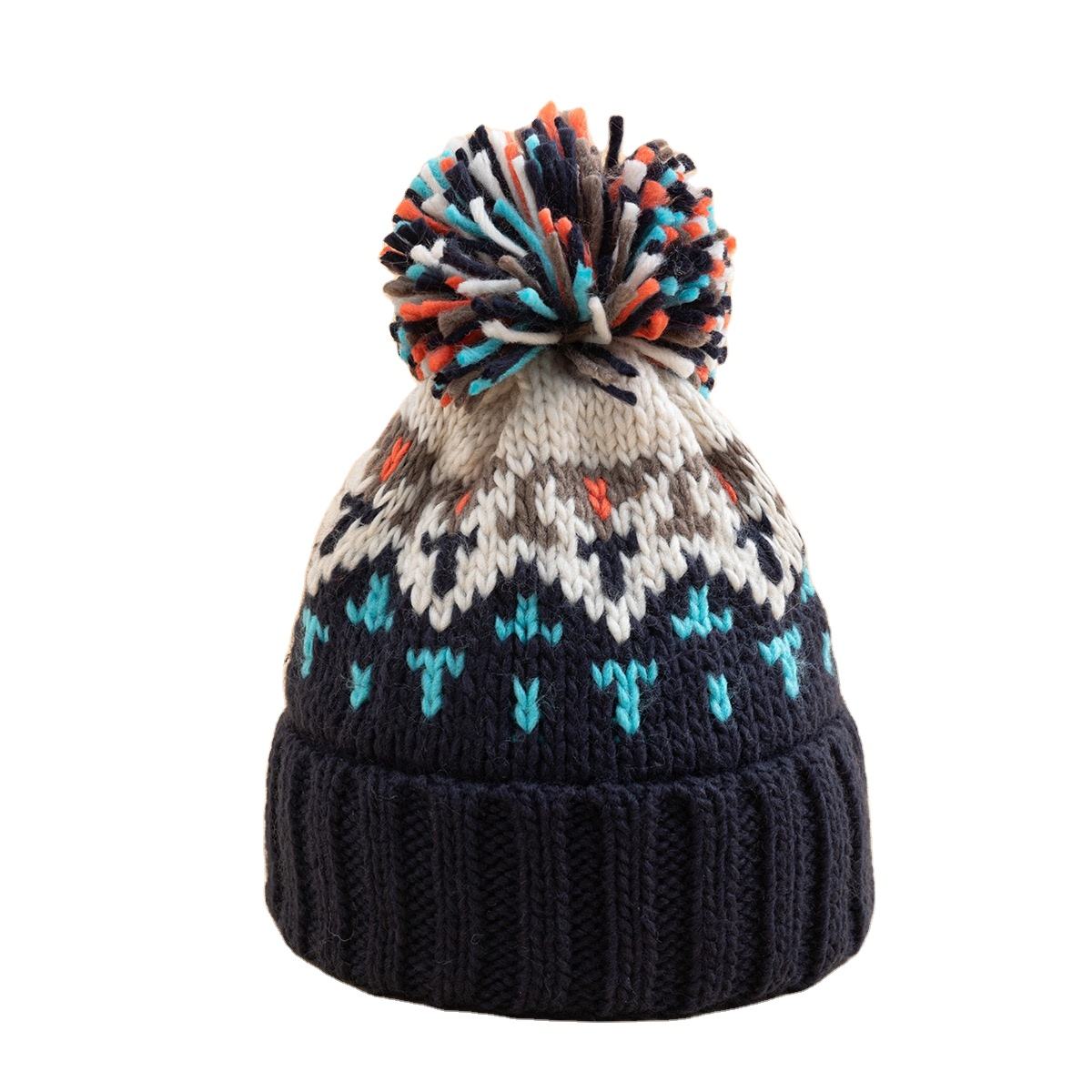 Multicolor Winter Knit Beanie Hat with Pom Pom and Nordic Pattern
