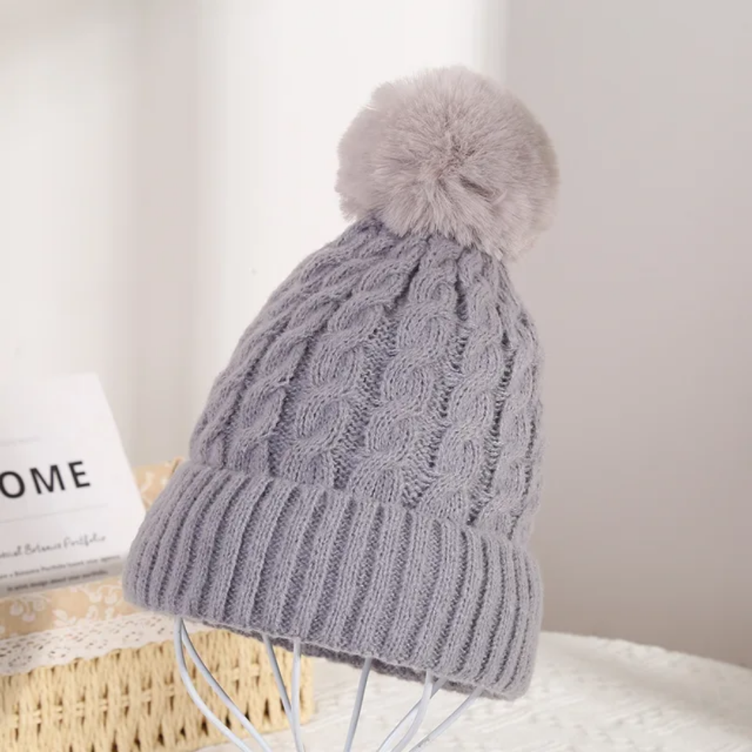 Winter Warm Knit Beanie Hat with Faux Fur Pom for Women - Soft Ribbed Cuffed Style