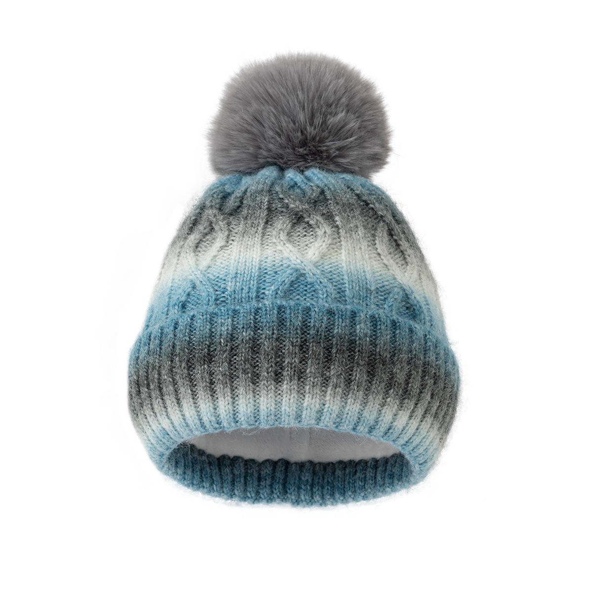 Thick Cable Knit Cuffed Beanie with Faux Fur Pom Pom
