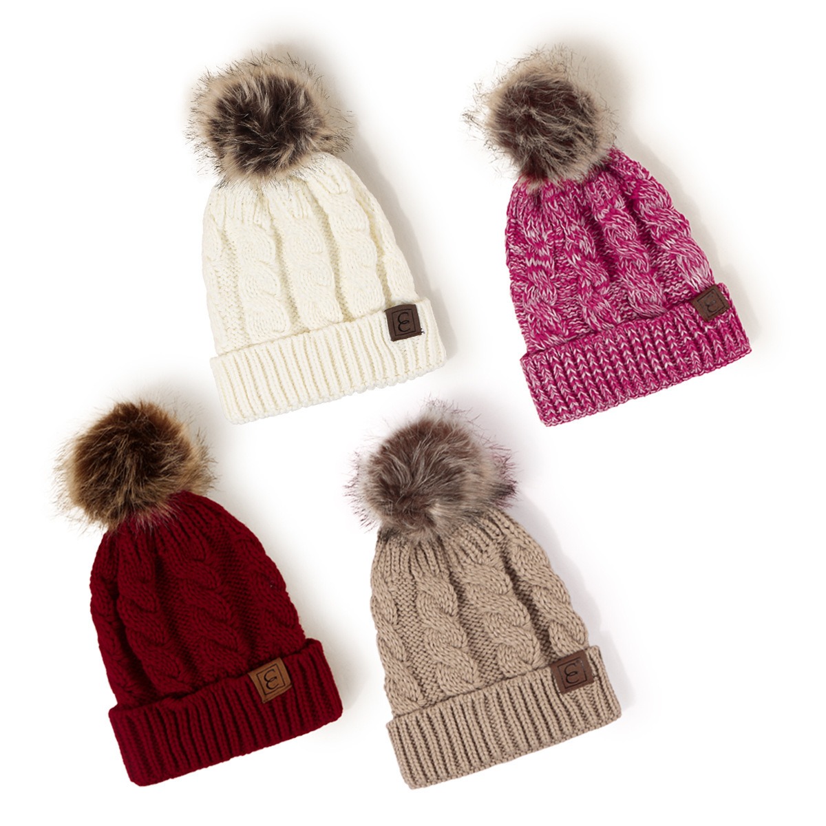 Winter Cable Knit Faux Fur Pom Pom Beanie Hat for Women Soft Warm Cuffed Skull Cap