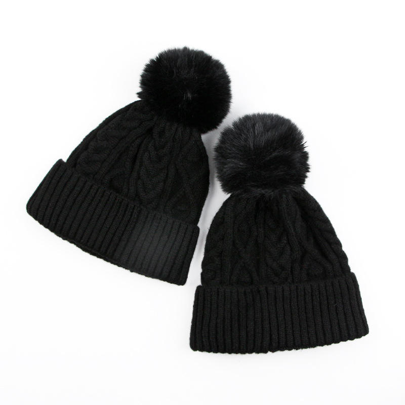 Warm Cable Knit Beanie with Faux Fur Pom Pom and Folded Cuff