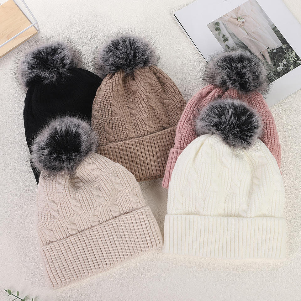 Winter Knit Beanie with Faux Fur Pom – Warm Cuffed Hat for Cold Weather