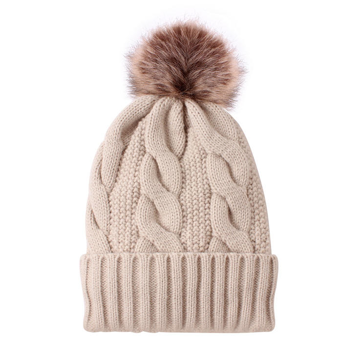 Faux Fur Pom-Pom Cable Knit Cuffed Winter Beanie Hat