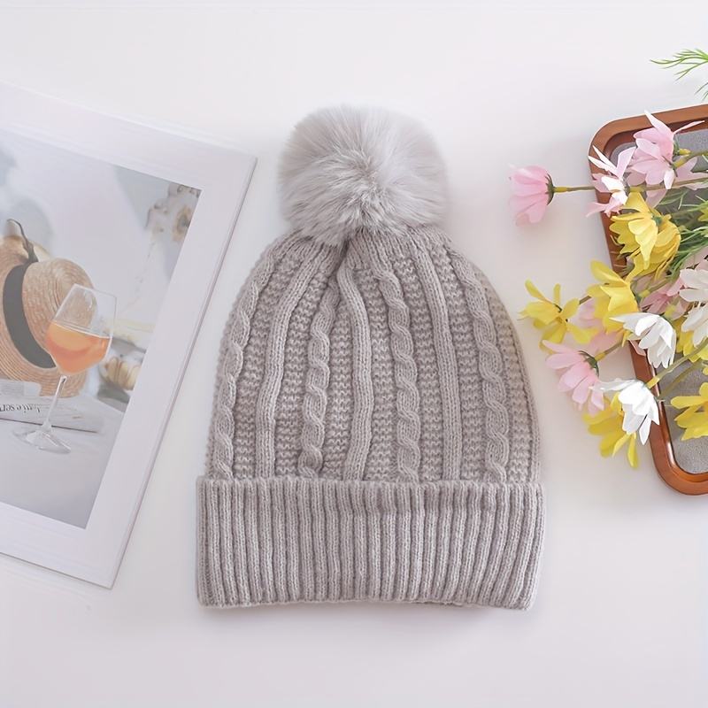 Winter Warm Knit Beanie Hat with Faux Fur Pom Pom – Multiple Colors