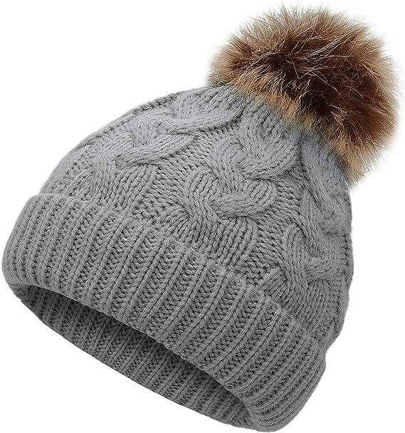 Winter Cable Knit Pom Pom Beanie Hat for Women Warm Soft Stretch Skull Cap