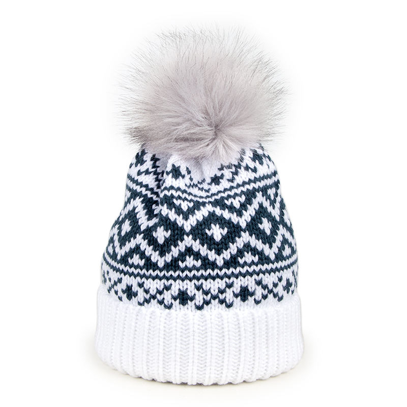 Winter Nordic Pattern Knit Beanie with Faux Fur Pom Pom