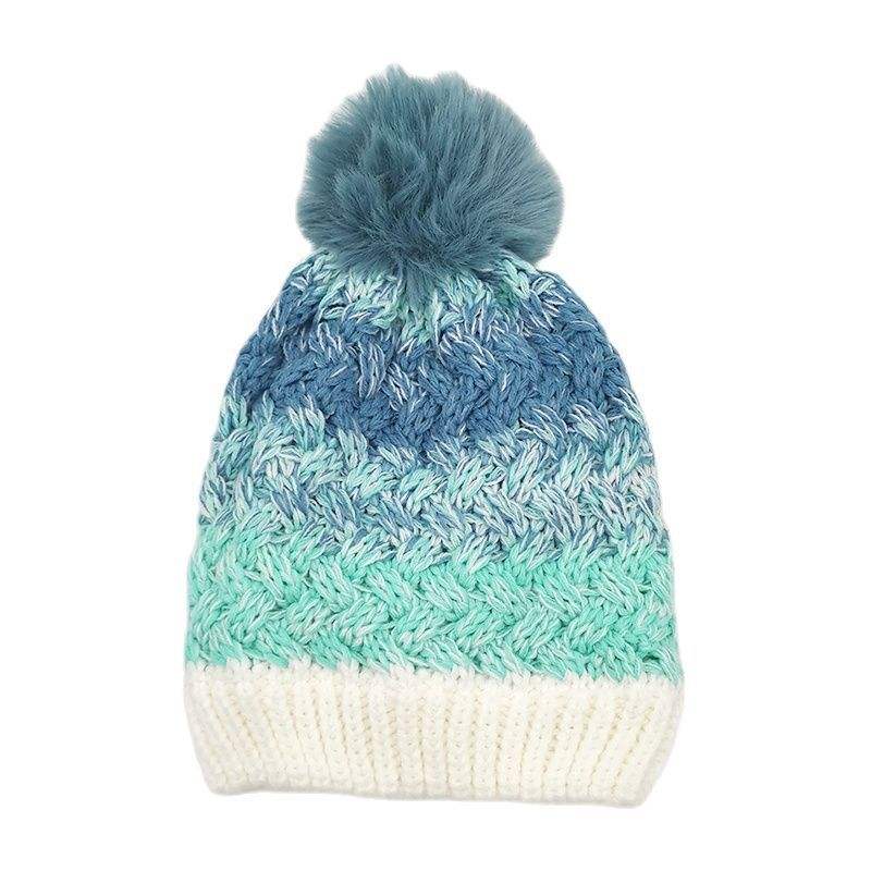 Colorful Gradient Cable Knit Beanie with Faux Fur Pom Pom Winter Hat