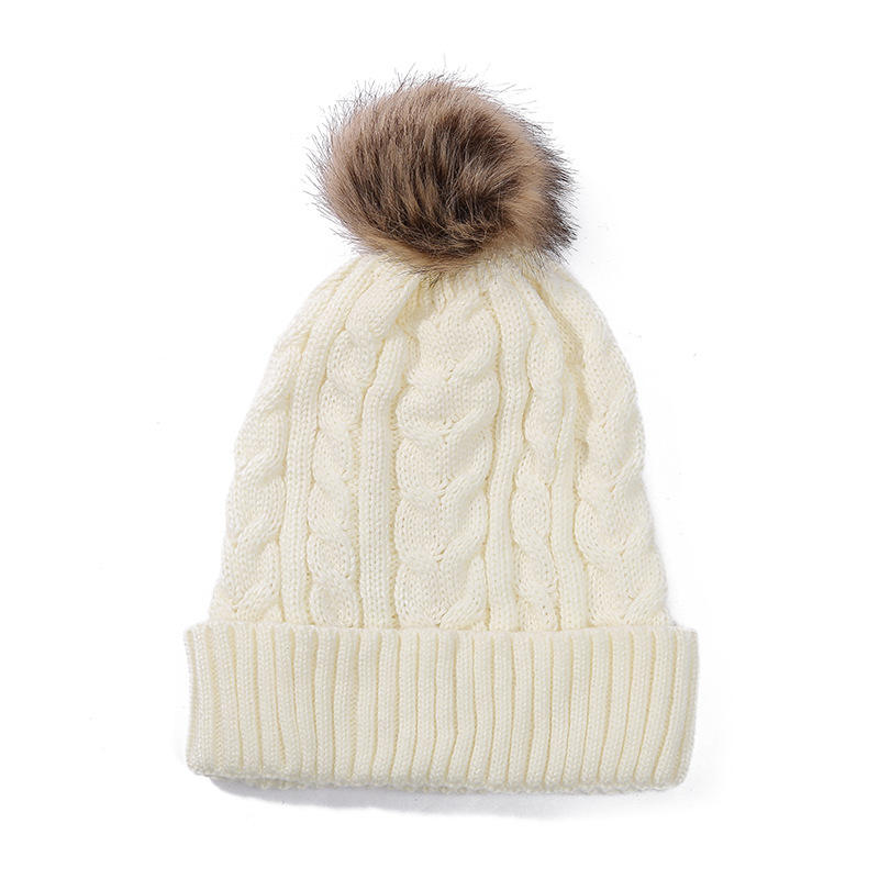Winter Cable Knit Pom Pom Beanie Hat with Faux Fur