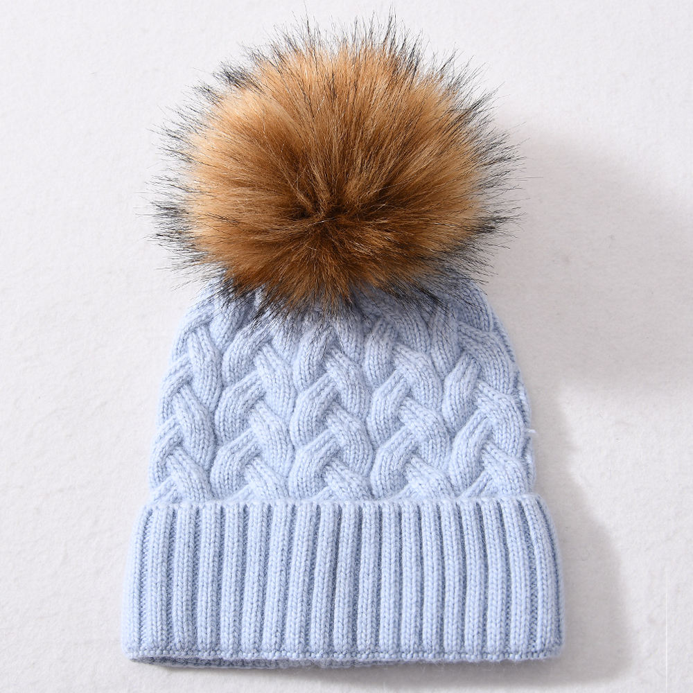 Winter Faux Fur Pom Cable Knit Beanie – Warm Chunky Cuffed Hat
