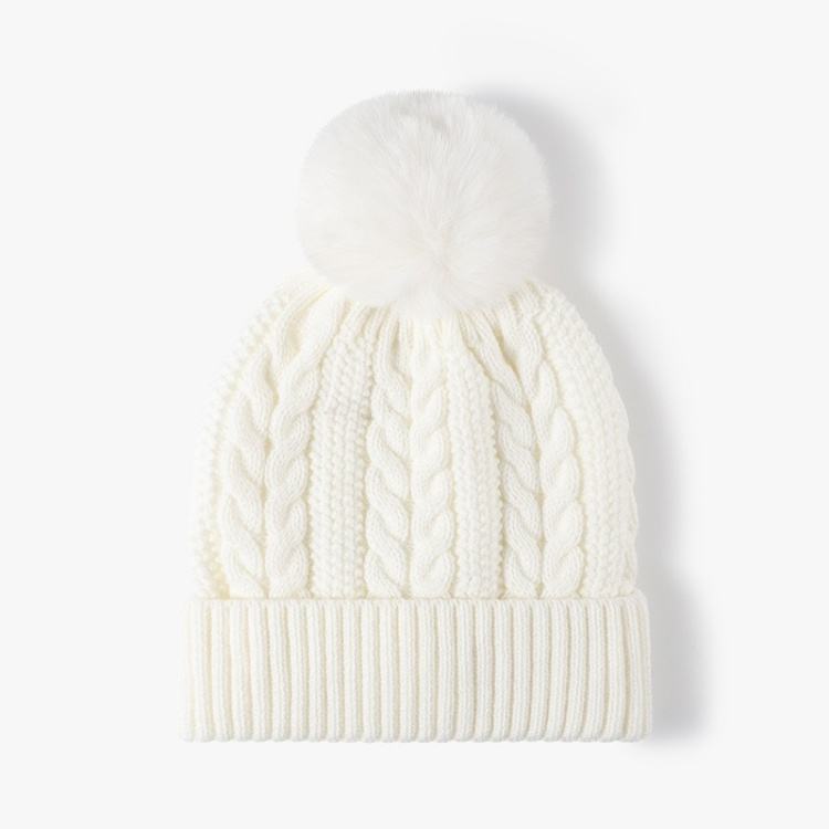 Winter Warm Cable Knit Beanie with Faux Fur Pom
