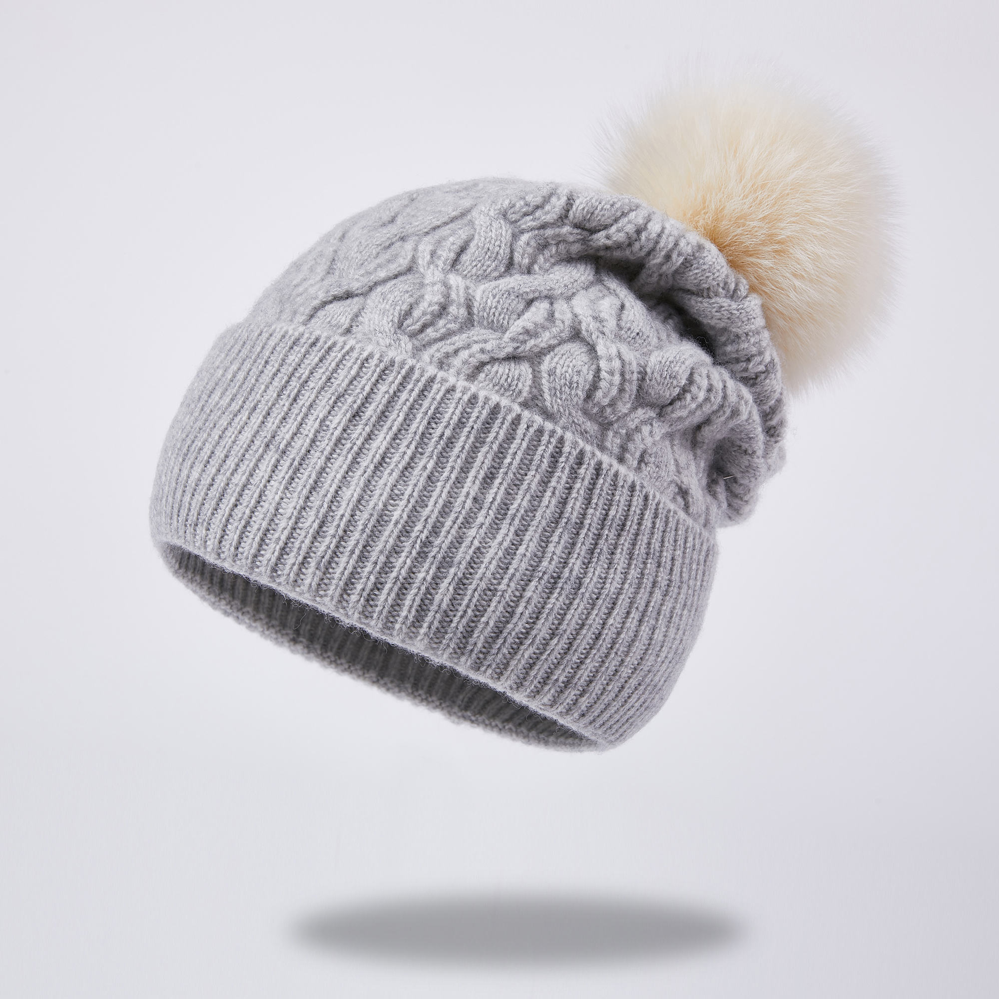 Cable Knit Cuffed Beanie Hat with Faux Fur Pom Pom