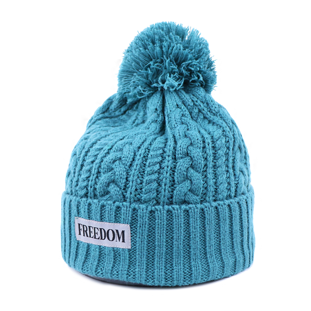 Blue Cable Knit Pom Pom Beanie with FREEDOM Patch