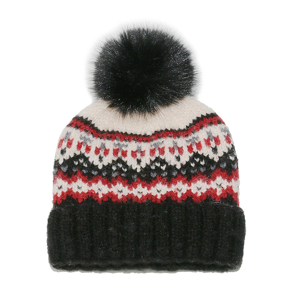 Winter Fair Isle Knitted Pom Pom Beanie Hat Warm Nordic Pattern Cap