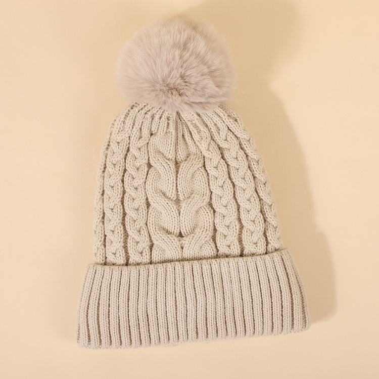 Winter Cable Knit Beanie Hat with Faux Fur Pom Pom