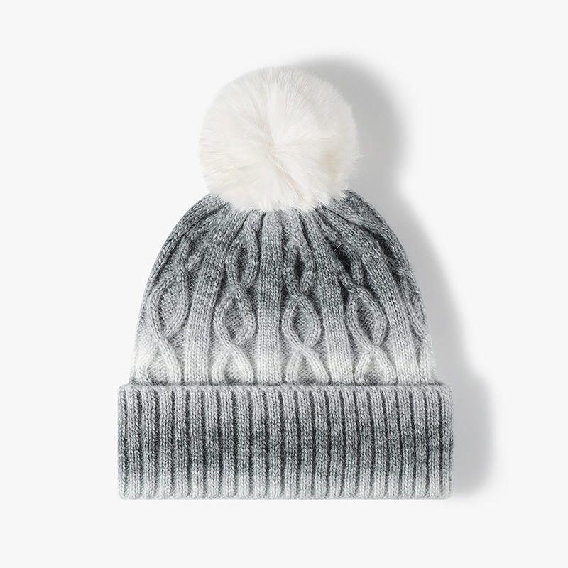 Rainbow Gradient Cable Knit Beanie with Faux Fur Pom Pom