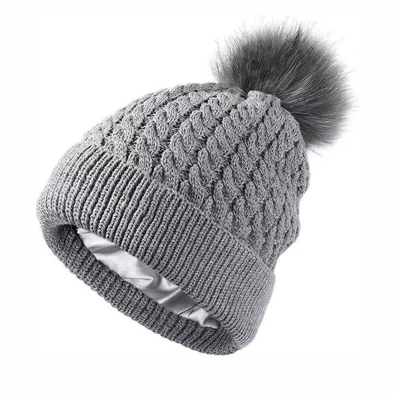 Winter Warm Knitted Beanie with Faux Fur Pom and Satin Lining
