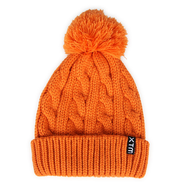 Thick Cable Knit Cuffed Beanie with Faux Fur Pom Pom for Winter