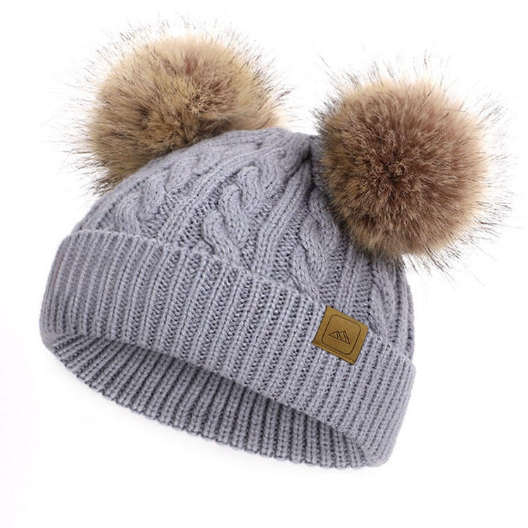 Warm Winter Cable Knit Double Pom Pom Beanie Hat for Kids & Adults
