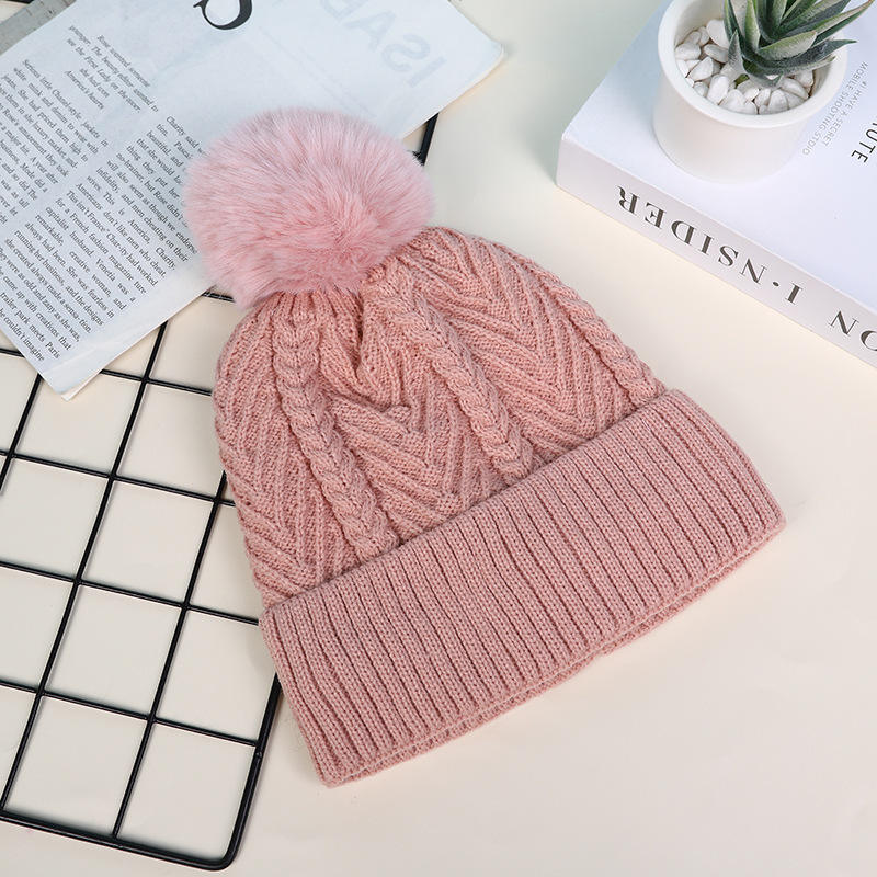 Women’s Cable Knit Cuffed Beanie with Faux Fur Pom Pom for Winter