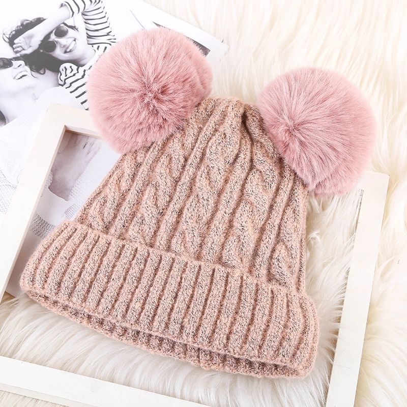 Double Pom Pom Soft Knit Winter Beanie for Kids and Adults