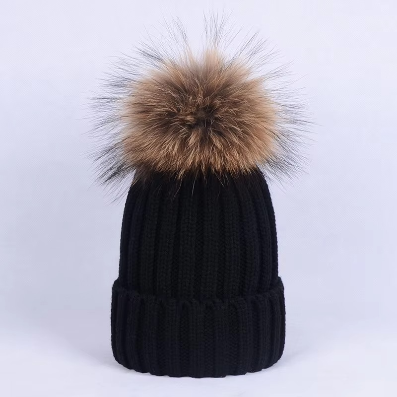 Winter Ribbed Knit Beanie with Faux Fur Pom Pom – Cuffed Warm Hat for Cold Weather