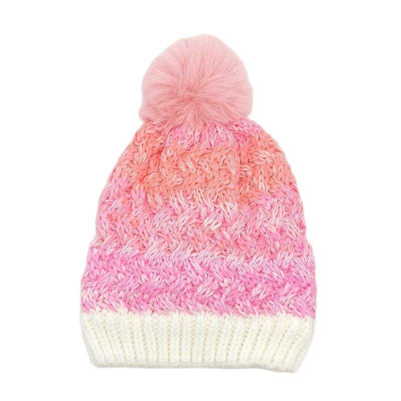 Colorful Gradient Cable Knit Beanie with Faux Fur Pom Pom Winter Hat