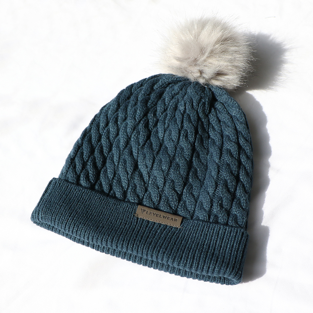 Winter Cable Knit Beanie with Faux Fur Pom Pom