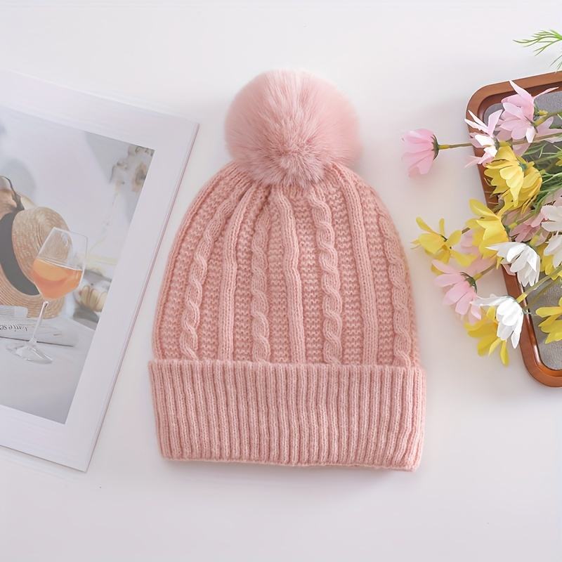 Winter Warm Knit Beanie Hat with Faux Fur Pom Pom – Multiple Colors