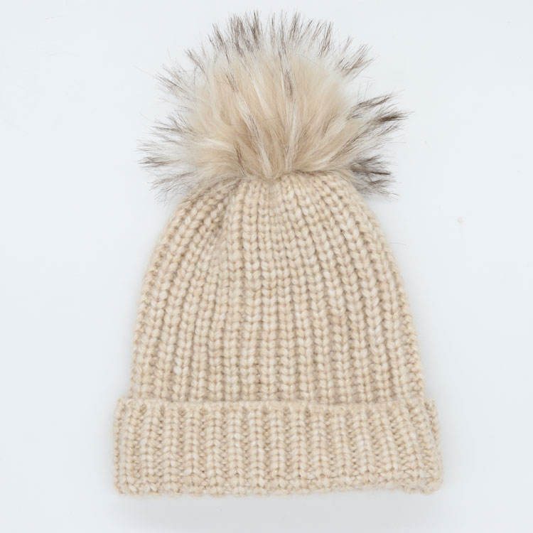 Thick Cable Knit Cuffed Beanie with Faux Fur Pom Pom