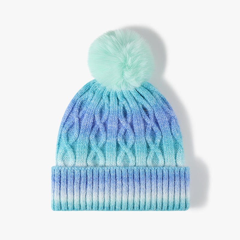 Rainbow Gradient Cable Knit Beanie with Faux Fur Pom Pom