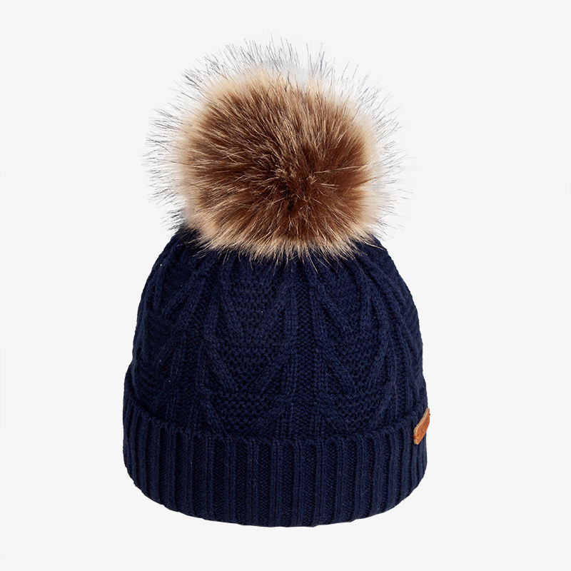 Winter Cable Knit Pom Pom Beanie Hat with Cuffed Ribbed Design