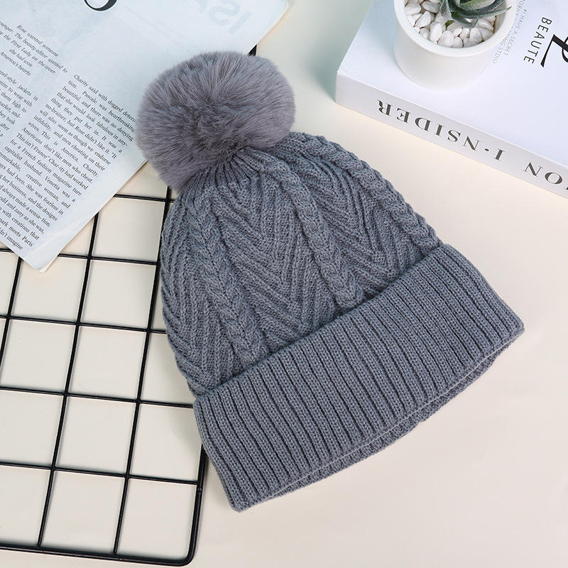Women’s Cable Knit Cuffed Beanie with Faux Fur Pom Pom for Winter