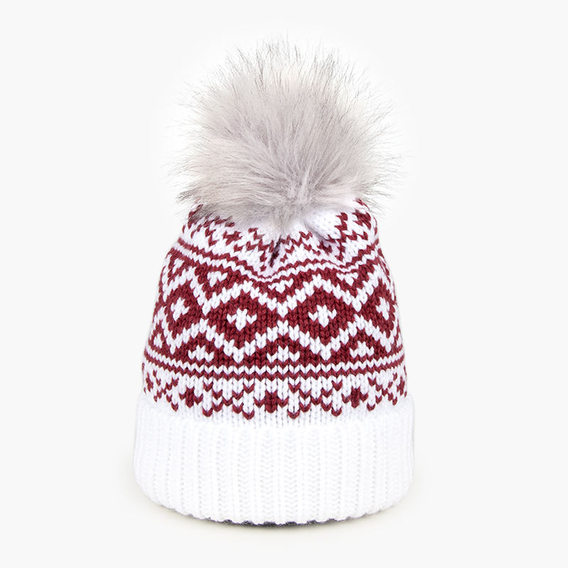 Winter Nordic Pattern Knit Beanie with Faux Fur Pom Pom