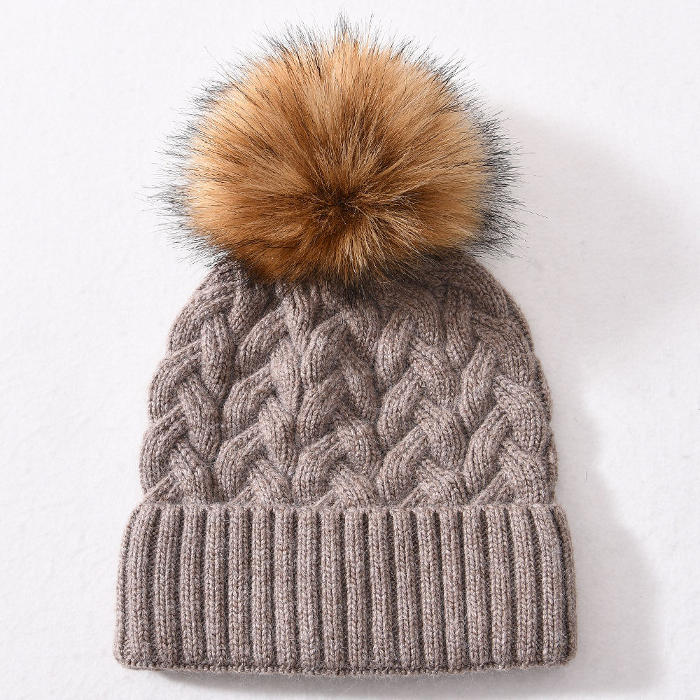 Winter Faux Fur Pom Cable Knit Beanie – Warm Chunky Cuffed Hat