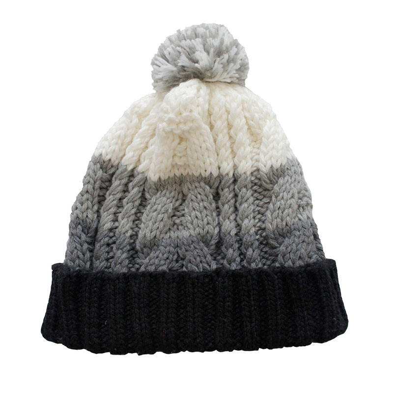Gradient Cable Knit Winter Beanie with Pom Pom and Cuffed Ribbed Hem