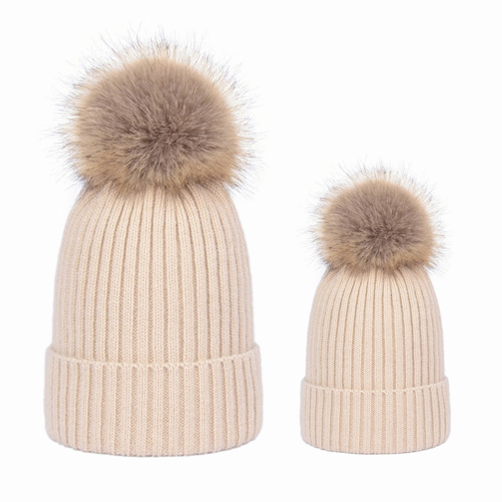 Warm Winter Knit Pom Pom Hat – Adult & Kid Matching Beanie Set