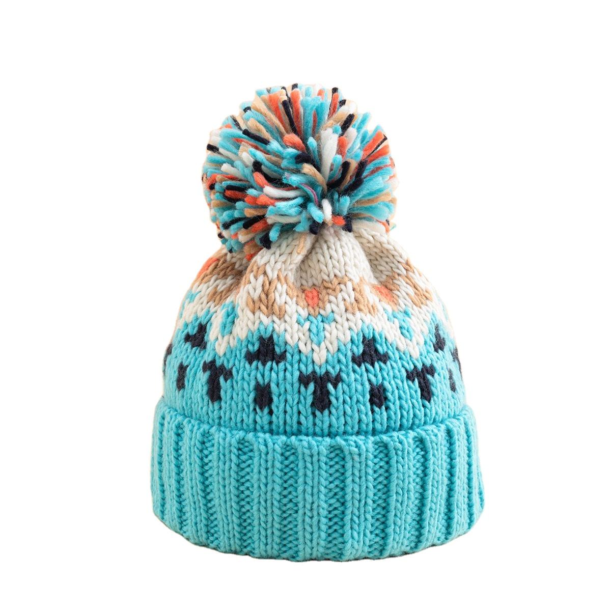 Multicolor Winter Knit Beanie Hat with Pom Pom and Nordic Pattern